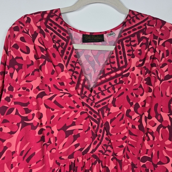 Bob Mackie Batik Pink Purple Floral Leaf Print V-Neck Stretch Dress Size Large - Picture 3 of 10